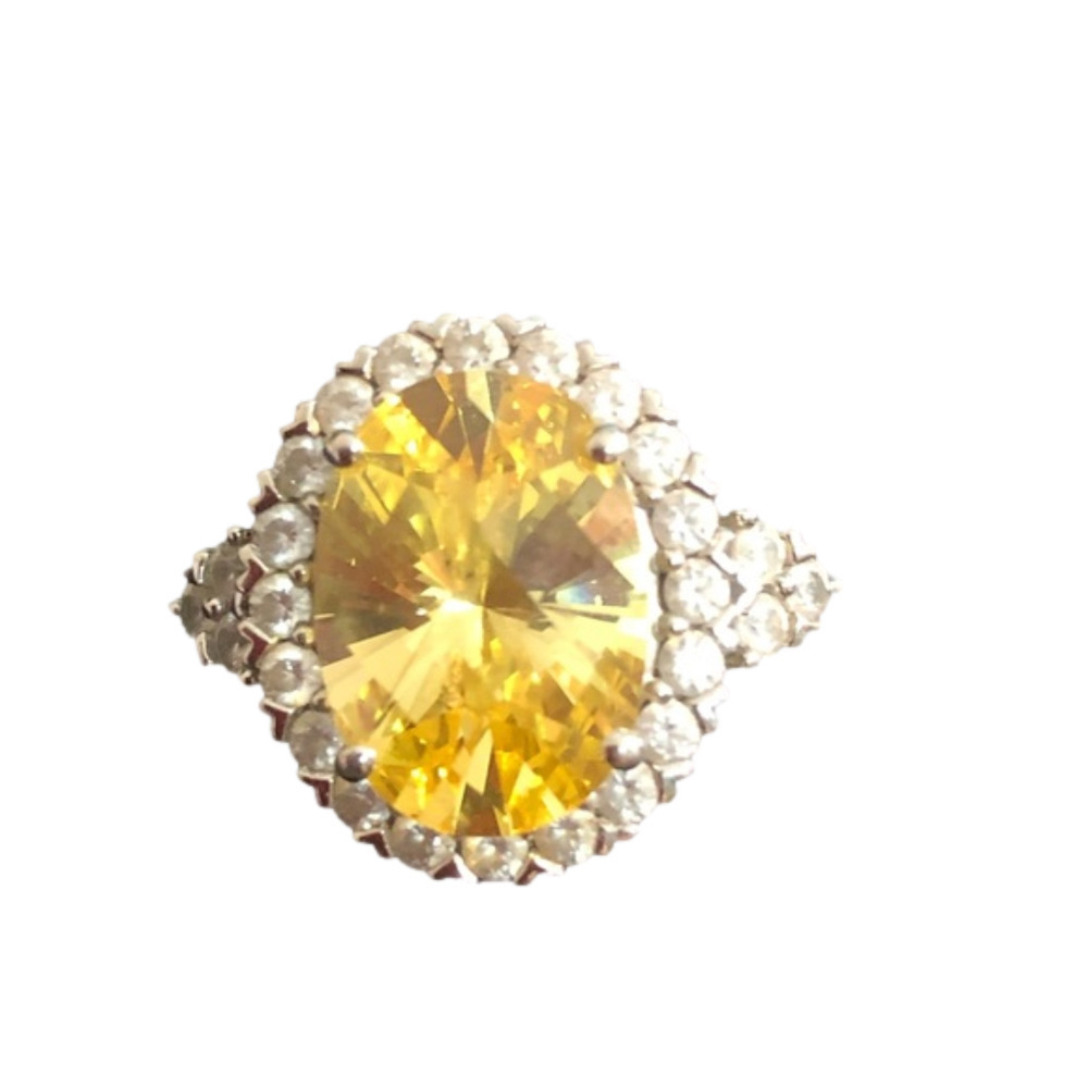 Sterling Silver Yellow Quartz and Cubic Zirconia Oval Cushion-Cut